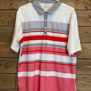 Adidas Polo Shirt Mens Climacool Red Gray White Stripe Golf Short Sleeves L